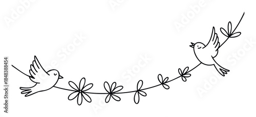 Charming doodle of two lovebirds flying with a floral vine, a romantic decoration for wedding invitations or spring greetings.