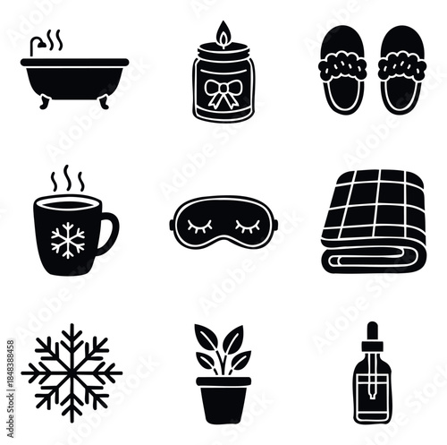 Winter relaxation and hygge lifestyle icon set featuring a warm bath, scented candle, cozy slippers, and hot drink for self care and wellness graphics.