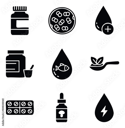 Solid black icons representing various health supplements like vitamins, probiotics, fish oil, and herbal medicine for nutritional infographics and wellness applications.