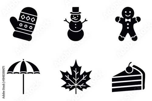 A diverse set of simple black icons featuring seasonal and dessert items like a winter mitten snowman gingerbread man umbrella maple leaf and a slice of cake for various graphic projects.