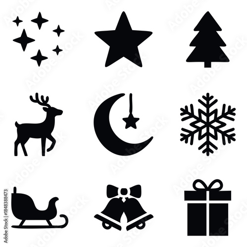 Collection of black Christmas icons including a tree, reindeer, snowflake, and gift for festive winter holiday graphic projects and seasonal decorations.