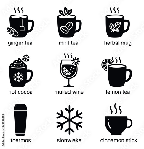 Black glyph icon set of hot winter drinks like tea, hot cocoa, and mulled wine, a collection of symbols for menu and seasonal use.