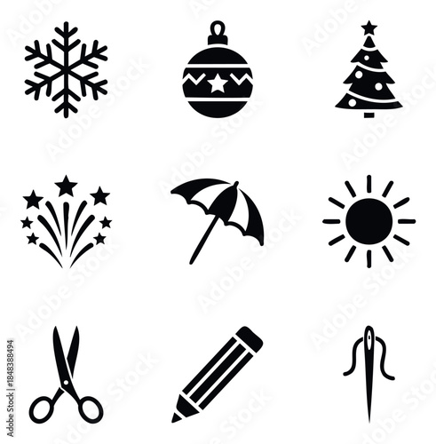 Set of versatile black icons with symbols for winter summer holidays and creative tools for graphic and web interface applications