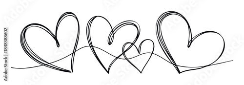 A hand drawn scribble of multiple hearts connected by a single continuous line, symbolizing endless love and togetherness for romantic or family themed projects.
