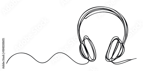 Minimalist single line drawing of headphones with a cord, an ideal graphic for music streaming services, podcast branding, and audio equipment visuals.