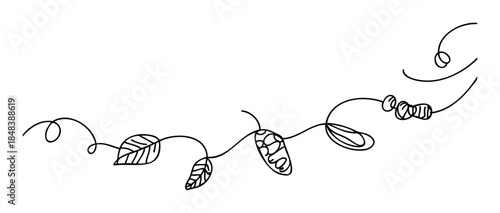 Hand drawn botanical branch with leaves and seed pods in a minimalist line style for elegant stationery invitations and natural product branding.