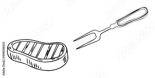 Hand drawn sketch of a grilled beef steak and a meat fork for a restaurant menu, butcher shop advertisement, or barbecue themed projects.