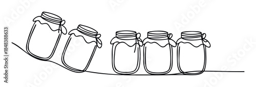 Continuous single line drawing of glass jam jars in a row representing homemade food preservation and the process of canning for kitchen themed graphics.