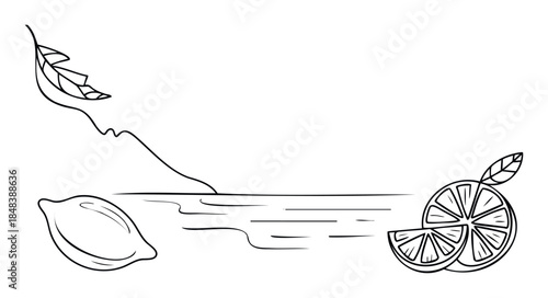 Minimalist outline of fresh lemons on a stylized sea background perfect for summer menus or organic product labels