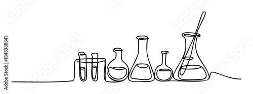 Stylized drawing of chemical laboratory equipment with test tubes and flasks in a continuous line style for educational and scientific purposes.