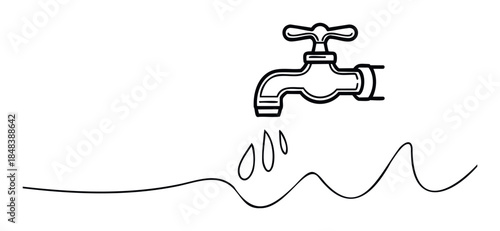 Minimalist black and white sketch of a leaking water faucet with drops flowing into a continuous wavy line for water conservation and plumbing concepts.