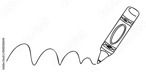 A single black outline of a crayon drawing a continuous wavy line, representing childhood creativity, education, and back to school concepts for various projects.