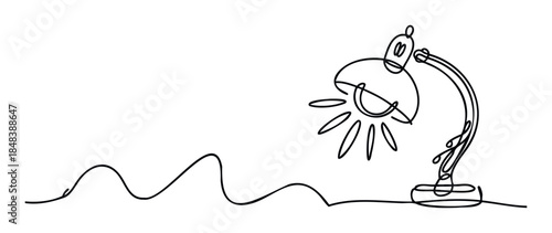 One line drawing of an adjustable table lamp providing light, a minimalist icon representing study, work, and creative ideas for various projects.