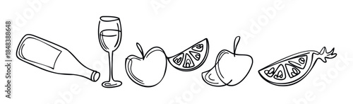 Outline drawing of a still life with a bottle of wine, a glass, fresh apples, and slices of lemon for food blogs and restaurant decor