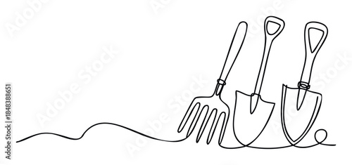Continuous one line drawing of garden tools including a fork and two shovels for a minimalist agriculture hobby or farming equipment concept.
