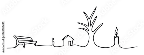 Continuous single line drawing of a community with a bench, house, tree and candle symbolizing support, hope and togetherness for social projects.