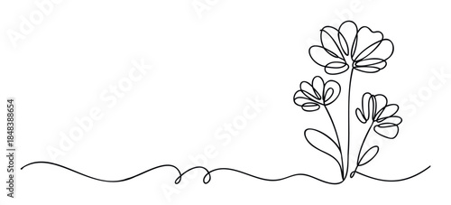 A continuous single line drawing of three abstract flowers showing a delicate floral composition for a minimalist and elegant decorative accent.