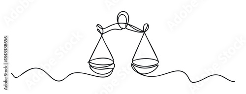 Minimalist single line drawing of the scales of justice symbolizing law, equality, and balance for legal services, law firms, and astrological Libra zodiac sign concepts.