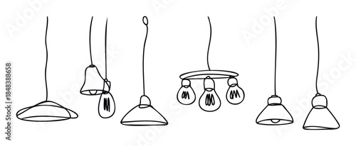 Minimalist doodle collection of hanging light fixtures and pendant lamps, ideal for interior decoration concepts and home styling visuals.