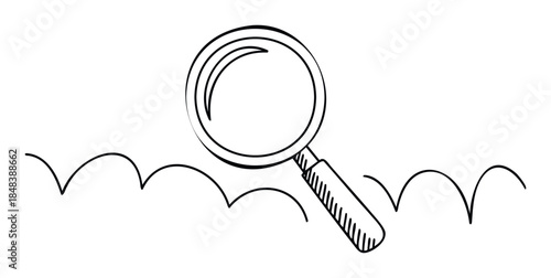 A doodle of a magnifying glass over a cloud line representing online search, data exploration, and finding information on the internet for business and technology.