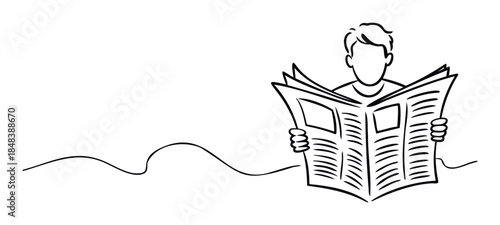 Continuous single line drawing of a person reading the news from a newspaper, a simple graphic for journalism, media and information concepts.