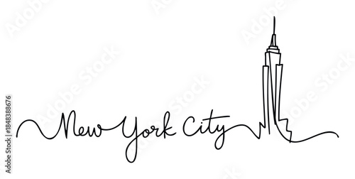 Minimalist one line lettering of a large city name transitioning into a famous skyscraper skyline, a modern calligraphic logotype for tourism and travel branding concepts.