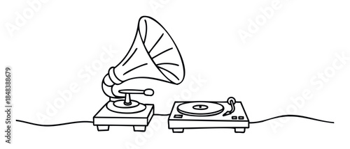 Continuous line drawing of an old phonograph and a new turntable symbolizing the evolution of music listening technology for audio related content.