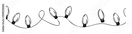 Hand drawn string of festive Christmas lights in a simple black and white doodle style for holiday decorations, winter celebrations, and seasonal greeting cards.