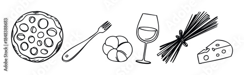 Hand drawn doodle set of Italian food featuring pizza pasta wine and cheese perfect for restaurant menus food packaging and culinary websites