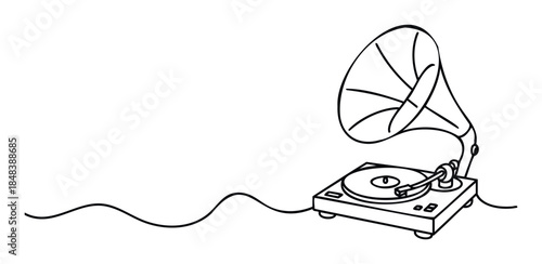 Minimalist single line drawing of a vintage record player gramophone with a long wavy cable perfect for audio and music concepts.