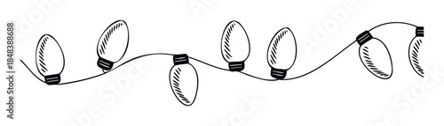 Simple black and white drawing of a Christmas light garland used as a decorative border for festive holiday greetings and winter themed projects.