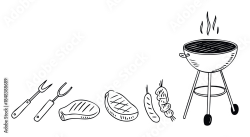 Sketch style set of barbecue food and equipment with a charcoal grill, meat, and tools perfect for summer cookout invitations or restaurant menu graphics.