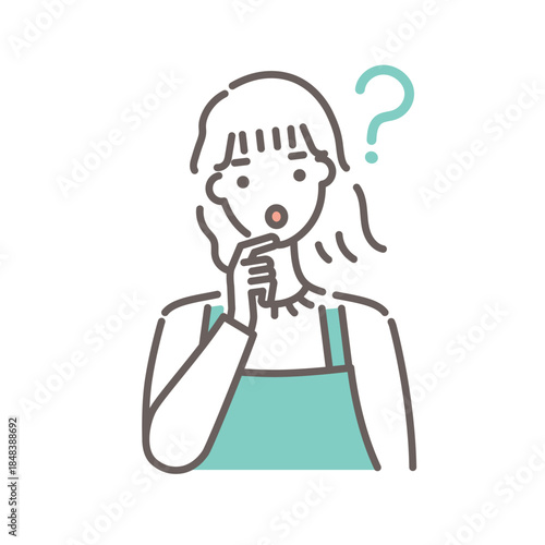 緑のエプロンをつけた女性が「なぜ？なに？」と疑問を浮かべているイラスト・シンプルな線画