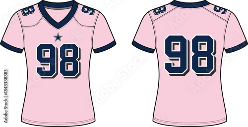 Pink American football jersey front and back view with number design, women sports uniform mockup, modern athletic apparel vector illustration