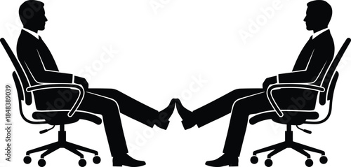 Two businessmen sitting opposite on office chairs with crossed legs, corporate meeting and negotiation concept, black silhouette vector illustration for business communication themes