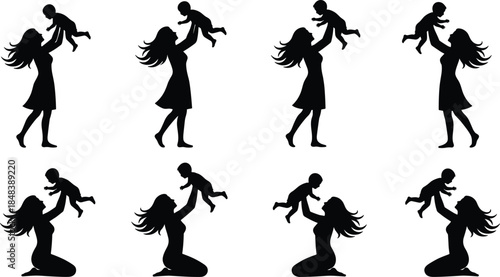 Mother and baby playful silhouettes in joyful poses, motherhood love and family bonding concept, black vector illustration set for parenting, care, and lifestyle designs