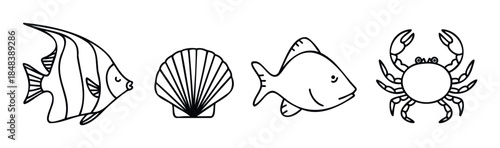 Marine life collection featuring a stylized angelfish, a clam shell, a simple fish, and a crab ideal for ocean themed projects and educational materials