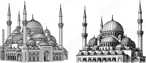 Islamic Mosque Etching Engraving Style Vector Icon Set Isolated Traditional Architecture Illustration Religious Historic Landmark Design