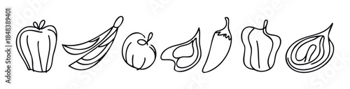 A linear outline assortment of fruits and vegetables including a bell pepper, bananas, plum, chili peppers, and onion, perfect for graphic elements and food related themes.