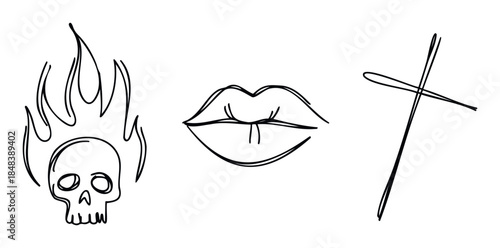 Bold graphic set featuring a flaming skull, alluring lips, and a simple cross symbol for edgy themes, punk rock aesthetics, or gothic style applications.