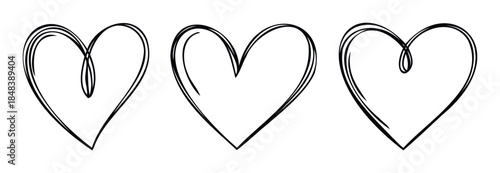 Three hand drawn black hearts with varying strokes representing love and affection, perfect for romantic occasions or personal expression.