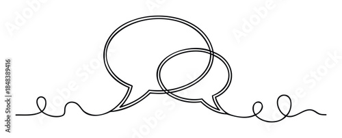 Continuous line drawing of two overlapping speech bubbles with wavy tails, symbolizing communication and conversation for graphic design and media use
