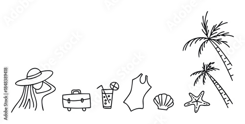 Summer vacation doodles featuring a person in a hat, suitcase, drink, swimsuit, shell, starfish, and palm trees perfect for travel blogs or resort promotions