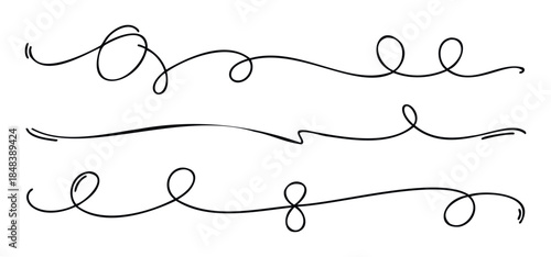 Black decorative flourishes and swirls for elegant text separation and ornamental accents in graphic layouts and invitations