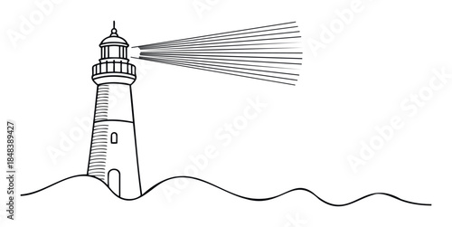 Classic lighthouse structure with strong beam of light shining across wavy terrain, perfect for navigation and safety themes in maritime and coastal contexts.