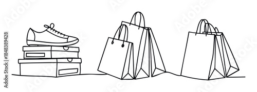 Line drawing of a single shoe on stacked boxes and a group of shopping bags for retail and consumer goods concepts