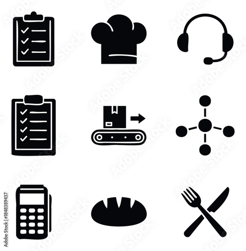 Collection of black glyph icons representing business services, food industry, technology, and logistics for website or app interface use.