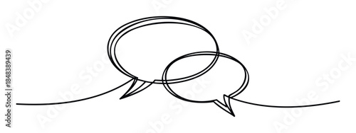 Two overlapping speech bubbles formed by a single continuous line, symbolizing conversation and communication for web or print use.