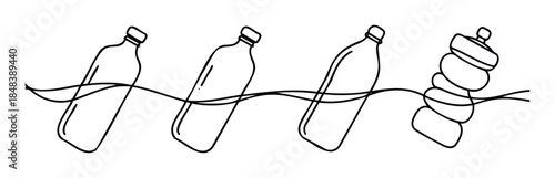 Outline drawings of plastic bottles floating on wavy water, symbolizing environmental pollution and recycling awareness for ecological campaigns and sustainability messaging.