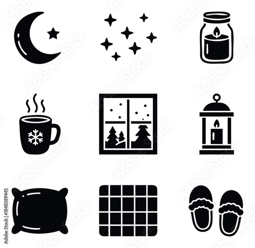Cozy winter icons for seasonal decoration and holiday promotion, including a crescent moon, stars, candle in jar, steaming mug, snowy window, lantern, pillow, grid, and slippers.